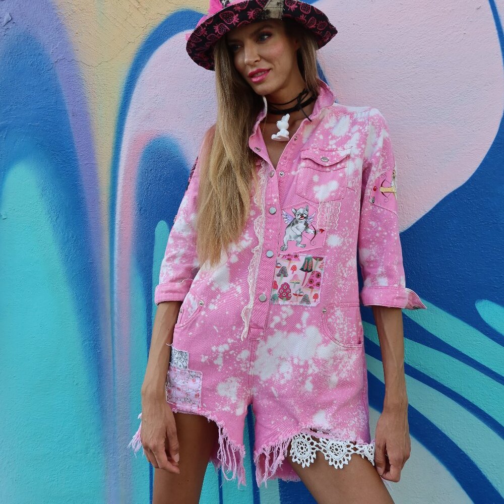 Avant-garde Concept Streetwear Upcycled Cottage Hot Pink Romper/Jumpsuit